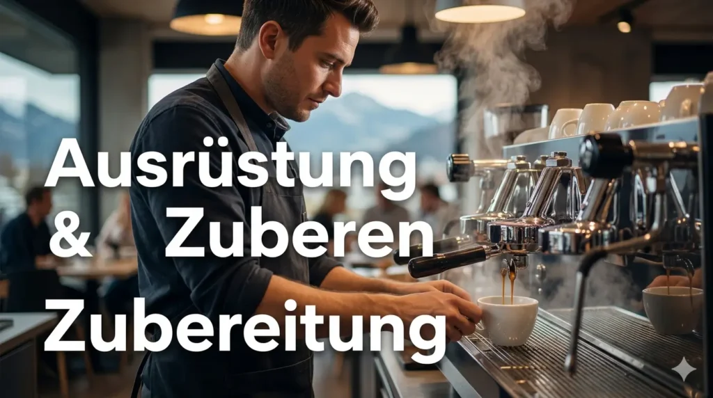 Ein Barista bedient eine verchromte Siebträgermaschine in einem modernen Schweizer Café und bezieht einen Café Crème.