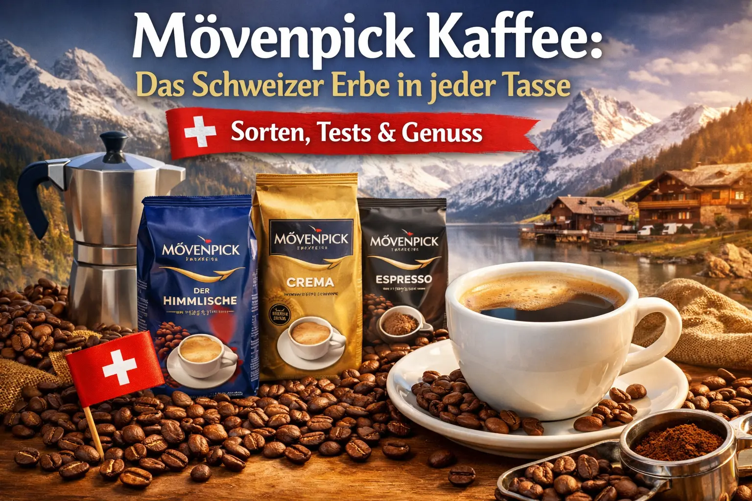 Mövenpick Kaffee varieties displayed with coffee beans, espresso cup and Swiss Alps background representing Swiss coffee heritage