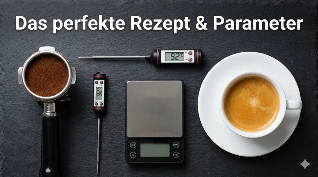 Flat Lay von Kaffee-Zubehör auf Schiefer: Siebträger, Thermometer (92°C), Waage und Tasse Café Crème.