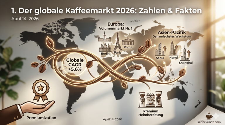 Infografik zum globalen Kaffeemarkt 2026 mit Weltkarte, CAGR +5,6% Wachstum und Trends wie Premiumisierung.Kaffee-Kompass 2026: Der ultimative Guide zu Marken, Rezepten & Trends.