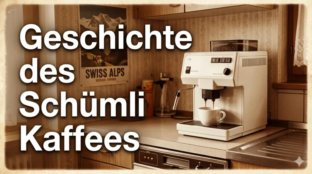 Vintage-Szene einer Schweizer Küche von 1985 mit einem frühen Kaffeevollautomaten auf der Arbeitsplatte.