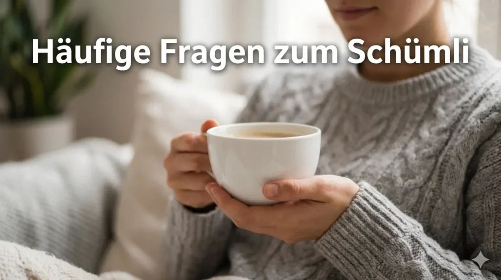 Person in gemütlichem Pullover hält eine weiße Tasse Café Crème mit beiden Händen vor weichem Fensterlicht.
