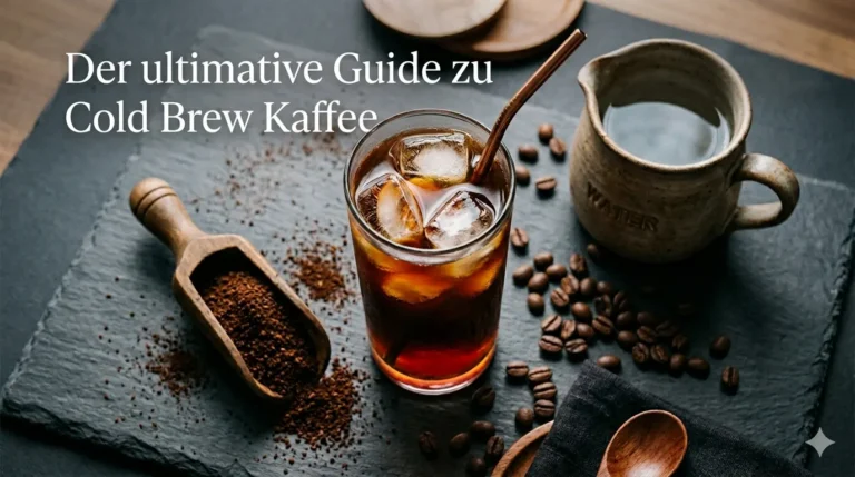 Glas Cold Brew Kaffee auf Eis mit Kaffeebohnen auf dunklem Holzuntergrund