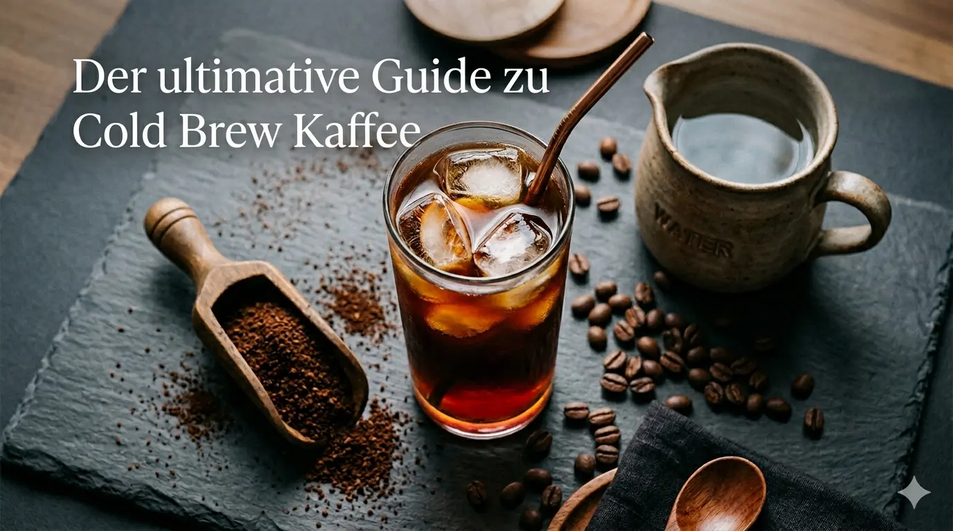 Glas Cold Brew Kaffee auf Eis mit Kaffeebohnen auf dunklem Holzuntergrund