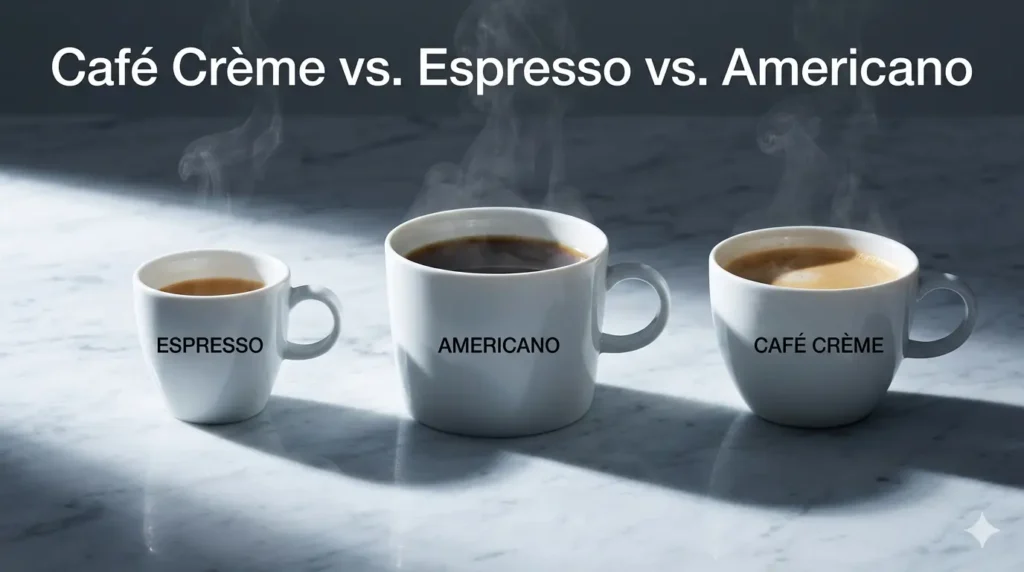 Drei beschriftete Kaffeetassen nebeneinander auf Marmor: Espresso, Americano und Café Crème mit aufsteigendem Dampf.
