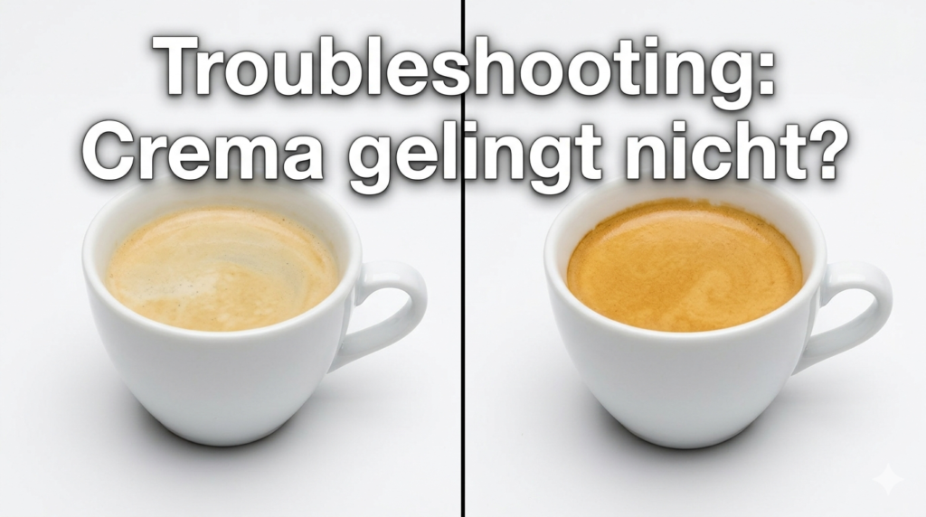 Geteiltes Bild: Links eine Tasse mit dünner, wässriger Crema (schlechtes Ergebnis), rechts dichte, goldene Crema (gutes Ergebnis).