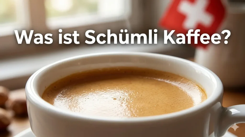 Nahaufnahme einer Tasse Schümli Kaffee mit perfekter goldbrauner Crema vor verschwommener Schweizer Flagge.