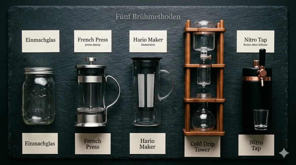 Ein top-down Flat-Lay Foto, das fünf verschiedene Cold Brew-Brühgeräte ordentlich auf einer dunklen Schieferoberfläche zeigt: ein Einmachglas, eine French Press, einen Hario Cold Brew Maker, einen Cold Drip Tower und einen Nitro Tap. Jedes Gerät ist mit einer kleinen, handgeschriebenen Karte beschriftet. Die Ansicht ist direkt von oben mit stimmungsvoller Beleuchtung.