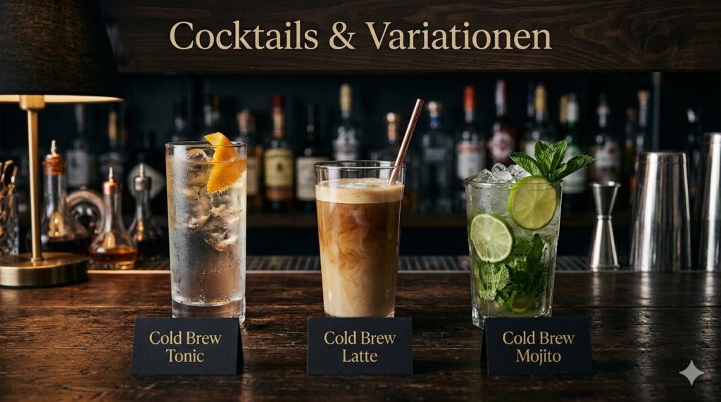 Ein stimmungsvolles Lifestyle-Foto, aufgenommen an einer dunklen, rustikalen Bartheke. Drei kreative Cold Brew Kaffee-Cocktails sind aufgereiht: ein Cold Brew Tonic mit Orangenschale, ein Cold Brew Latte mit Hafermilch und copper straw, und ein Cold Brew Mojito mit Minze und Limette. Jedes Glas hat eine kleine schwarze Karte mit goldener Beschriftung. Dimmbare Bar-Beleuchtung mit geringer Tiefenschärfe.