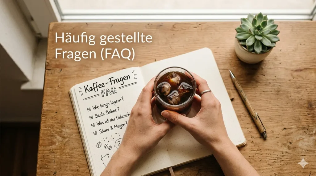 Ein top-down Flat-Lay Foto, das ein offenes, handgeschriebenes Notizbuch mit 'Kaffee-Fragen' und 'FAQ' zeigt. Die Hände einer Person halten ein Glas Cold Brew Kaffee über dem Notizbuch. Ein Holzstift und eine kleine grüne Pflanze liegen daneben. Die Beleuchtung ist warm und weich.