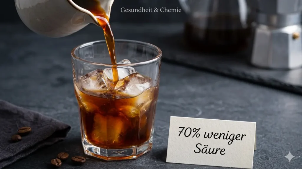 Eine Makro-Nahaufnahme, die zeigt, wie Cold Brew Kaffee aus einem kleinen Krug langsam in ein klares Glas voller Eis gegossen wird. Das Gießen fängt die tiefreichende Farbe und glatte Textur des Kaffees ein. Eine kleine, handgeschriebene Karte mit der Aufschrift '70% weniger Säure' liegt daneben. Dunkler, stimmungsvoller Schiefer-Hintergrund mit Studiabeleuchtung.