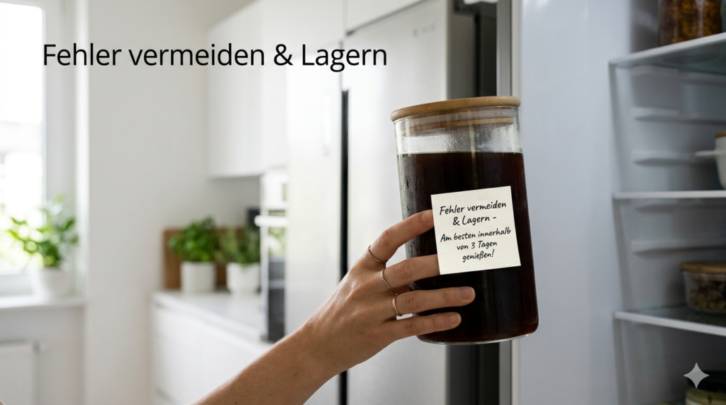 Ein minimalistisches Lifestyle-Foto, das zeigt, wie ein luftdicht verschlossenes Glas voller Cold Brew Kaffee mit Bamboo-Deckel und einer handgeschriebenen Klebenotiz 'best innerhalb 3 Tagen' in einen modernen, sauberen Kühlschrank gestellt wird. Die Küche im Hintergrund ist weich und natürlich beleuchtet.