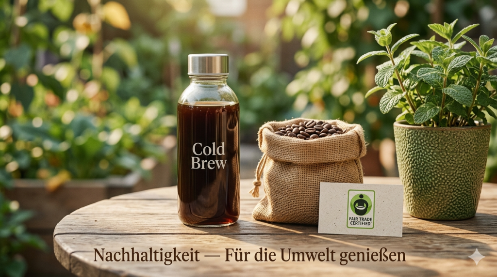Ein Lifestyle-Foto, aufgenommen im Freien an einem rustikalen Holztisch. Eine wiederverwendbare Glasflasche Cold Brew Kaffee steht neben einem kleinen Jutebeutel mit Fair Trade-Kaffeebohnen und einer grünen Pflanze. Das Licht ist hell und natürlich, mit umweltfreundlicher Ästhetik