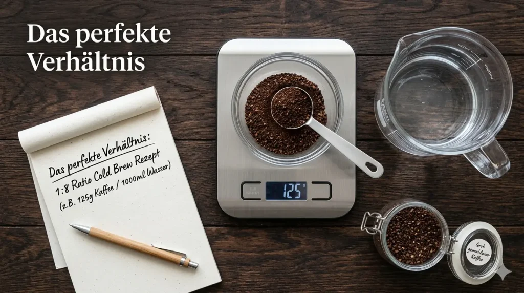 Ein top-down Flat-Lay Foto, das eine Küchenwaage mit Kaffeemehl, einen Messbecher mit kaltem Wasser, eine Probe groben Kaffees und eine handgeschriebene Notiz mit 'Das perfekte Verhältnis: 1:8 Ratio' zeigt. Dunkle Holzoberfläche mit sauberem, editorialem Stil.