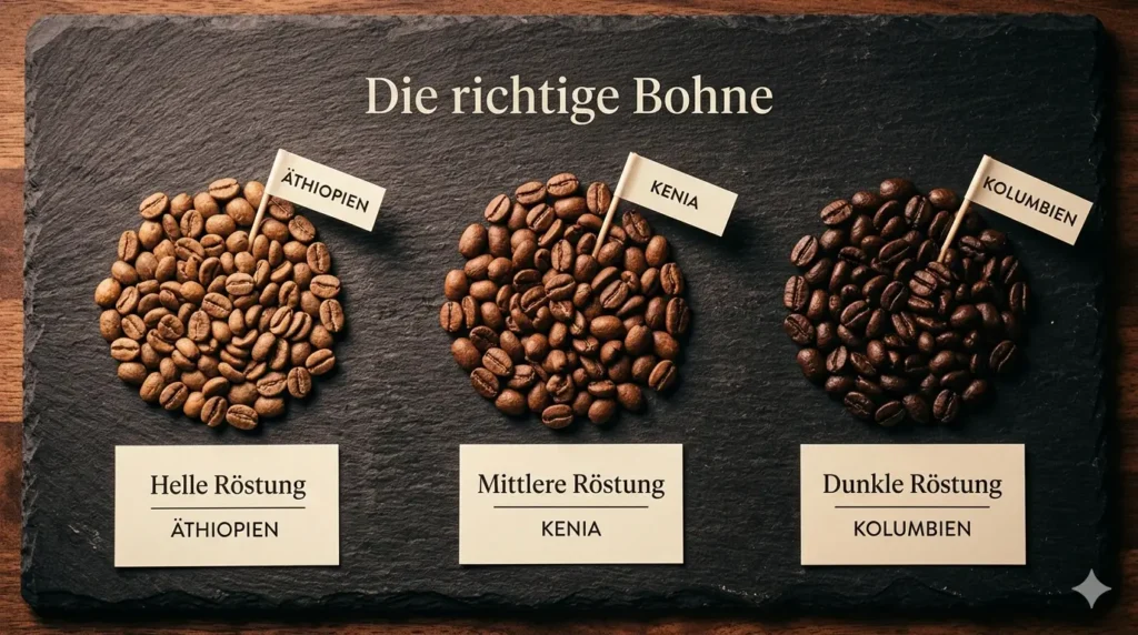 Ein top-down Makro-Foto, das verschiedene geröstete Kaffeebohnen in drei Gruppen (hell, mittel, dunkel) auf einer dunklen Schiefertafel zeigt. Jede Gruppe ist mit einer kleinen handgeschriebenen Karte beschriftet, die die Röstung und Herkunft (z.B. Äthiopien, Kenia, Kolumbien) angibt. Die Beleuchtung ist warm und stimmungsvoll.