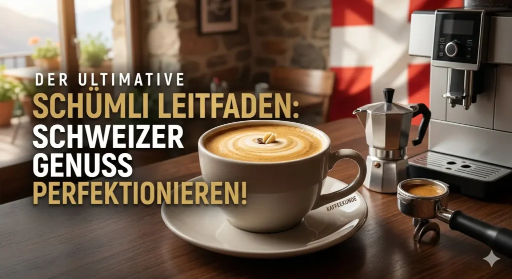 Ein elegantes Keramikcup mit perfektem Schweizer Schümli Kaffee und goldener Crema auf einem dunklen Holztisch in einem gemütlichen Schweizer Café.