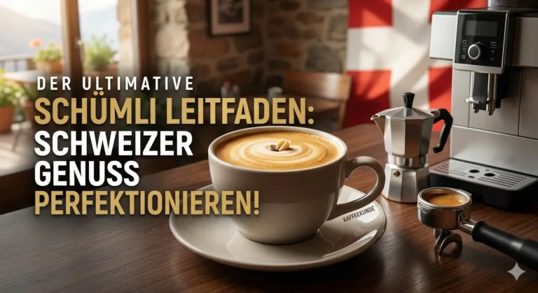 Ein elegantes Keramikcup mit perfektem Schweizer Schümli Kaffee und goldener Crema auf einem dunklen Holztisch in einem gemütlichen Schweizer Café.