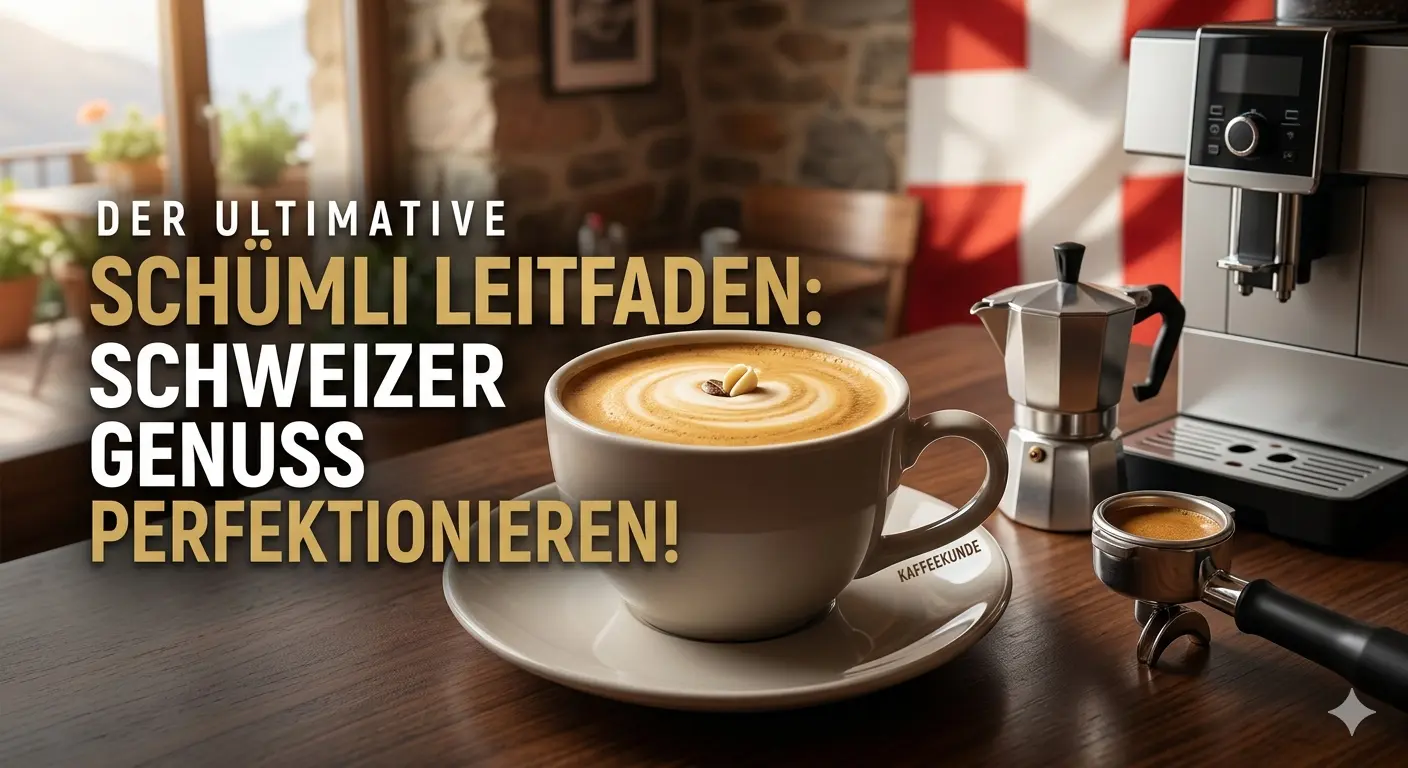 Ein elegantes Keramikcup mit perfektem Schweizer Schümli Kaffee und goldener Crema auf einem dunklen Holztisch in einem gemütlichen Schweizer Café.